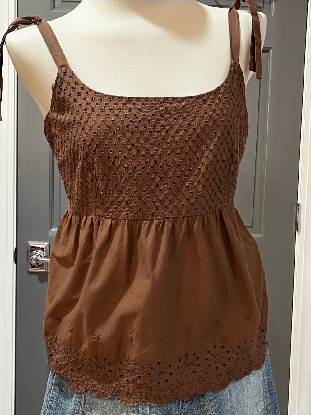 Brown Eyelet Tie-Shoulder Camisole
